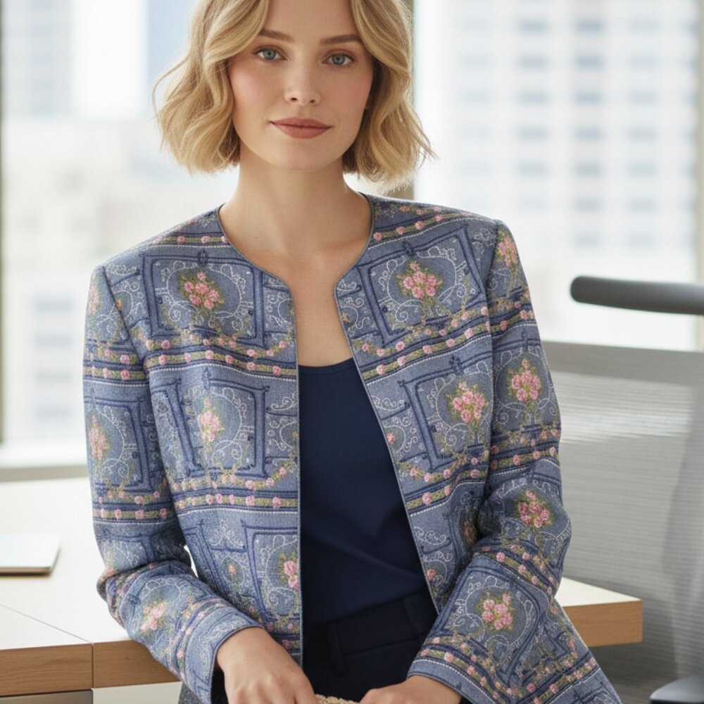 VTG PAPELL Blue Floral 100% Silk Jacket & Skirt Set Size 4P